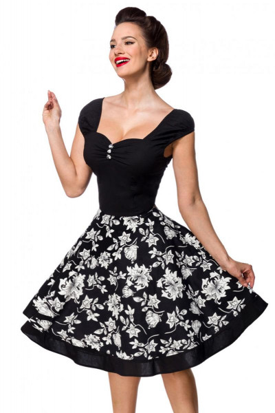 Schwarzes knielanges Swing Kleid im High Waist Schnitt mit Tellerrock und Herz-Ausschnitt und weiß R