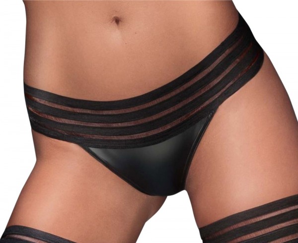 Damen Dessous wetlook Slip Panty in schwarz mit Bändern String Tanga
