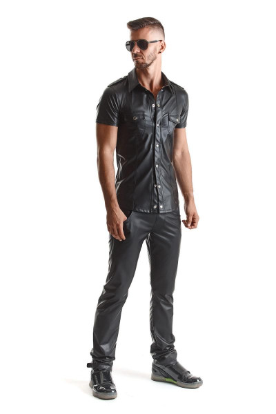 Herren wetlook Hemd schwarz mit Stehkragen und Druckknöpfen Männder Slim Fit Hemd