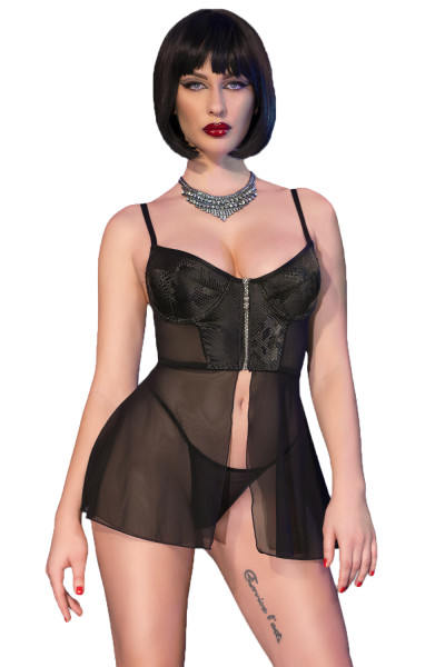 Dessous Corsagen-Set mit Spitze uznd Schlangenprint in schwarz aus Mini Corsage Babydoll und Slip