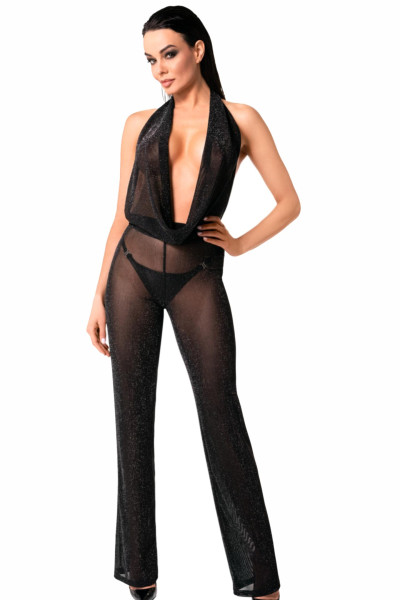 Transparenter Damen Dessous Bodystocking mit Wasserfallausschnitt aus Netzmaterial elastisch rückenf