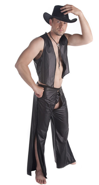 Schwarz Herren wetlook Cowboy Dessous Set Kostüm aus String, Weste und Chaps glänzend