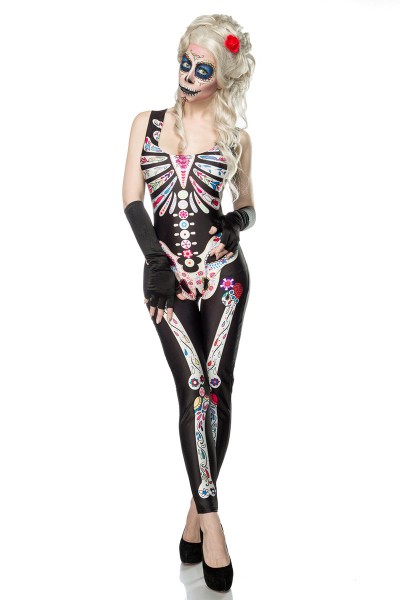 Damen Skelett Overall Kostüm Halloween Verkleidung Horror Skelett Outfit OneSize XS-M
