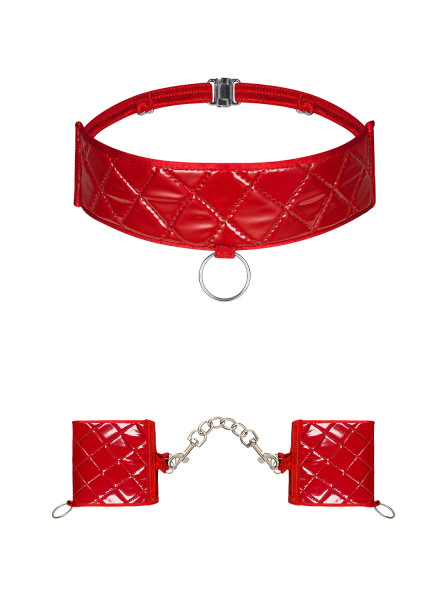 Frauen Dessous Wetlook Lack Handschellen aus Halsband Choker und Metall Ketten Rot Metallring Bänder