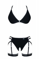 Schwarzes knappes Frauen Dessous Set BH und ouvert String mit integriertem Strumpfhaltern aus Gummi Schwarzes knappes Frauen Dessous Set BH und ouvert String mit integriertem Strumpfhaltern aus Gummi