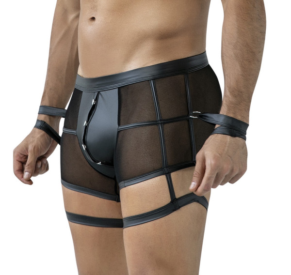 Schwarzer Männer Boxer Shorts aus dehnbarern Bändern Netz Strumpfhalter Optik Herren Slip mit Wetloo