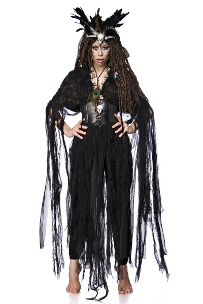 Damen Voodoo Priesterin Fantasy Kostüm Hexen Verkleidung aus Fetzencape, Leggings, Krone und Totenko