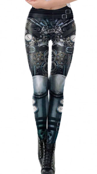 Schwarze Damen Steampunk Wetlook Leggings mit Zahnräder Uhren und Strumpfhose Optik elastischer Bund