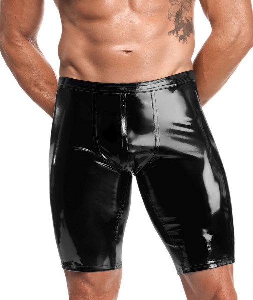 Schwarze kurze Herren wetlook Shorts Lack glänzend elastischer Bund mit Reißverschluss Männer Pants