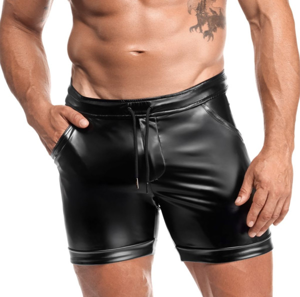 Schwarze lange Herren wetlook Shorts Seitentaschen glänzend elastischer Bund mit Schnürung Männer Pa