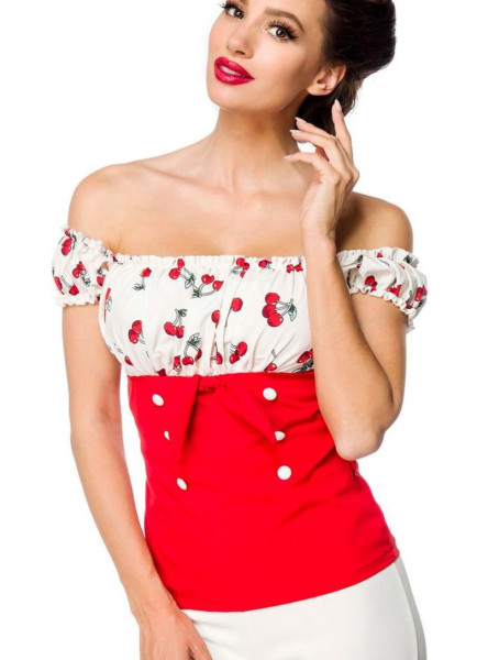 Schulterfreie Bluse aus Jersey mit kurzen Ärmeln und Carmenausschnitt Kirschenmuster Retro-Top mit K