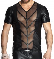 Schwarzes Herren Shirt teiltransparent aus wetlook Material und Tüll Männer Dessous Shirt Schwarzes Herren Shirt teiltransparent aus wetlook Material und Tüll Männer Dessous Shirt