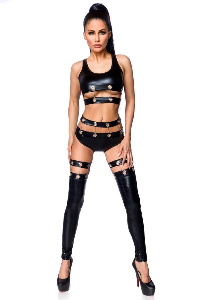 Erotisches Damen Kettenoutfit aus Top, Panty und Stockings in wetlook schwarz Dessous Set elastisch