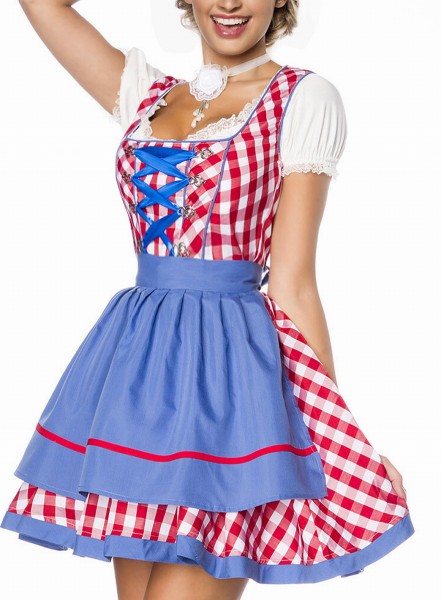 Dirndl Kleid Kostüm mit Schürze Minidirndl mit Karomuster und ausgestelltem Rockteil Oktoberfest Dir