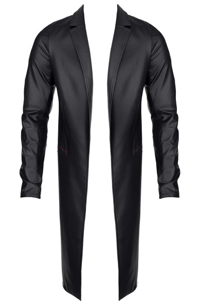 Herren Mantel schwarz aus Wetlook-Material Trenchcoat mit Taschen und Kragen Slim-Fit
