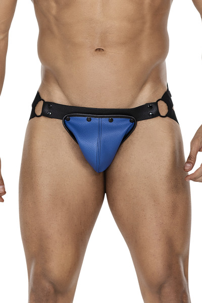 Schwarz blauer Herren Slip Jock Snap aus weichen Kunstleder, schwarzen Metallringen und breiten Gumm