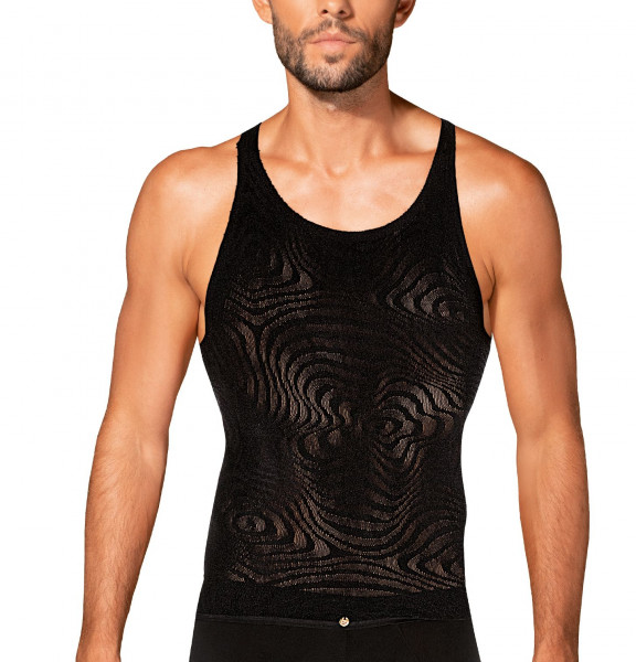 Netz Tanktop Schwarz mit Kreismuster sexy Oberteil Männer Unterhemd mit Ausschnitte Multistretch-Net