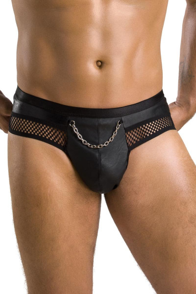 Schwarzer Herren Jock Strap Slip ouvert gefertigt aus mattem Kunstleder und Netzmaterial