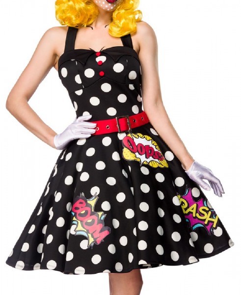 Damen Pop Art Girl Kleid Kostüm Verkleidung mit Kleid, Gürtel, Handschuhe aus mit Comic Muster ausge