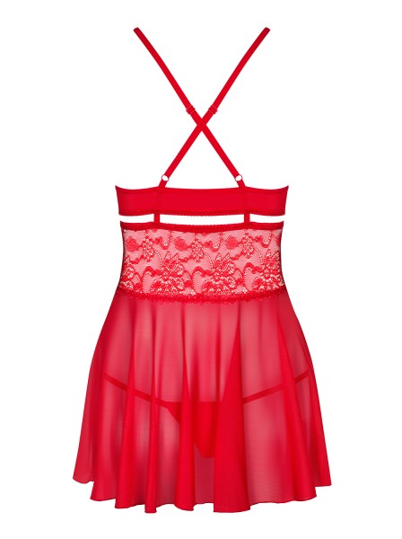 Damen Dessous Reizwäsche Babydoll Hemdchen Negligee in rot transparent mit Bänder sowie Netz und Str