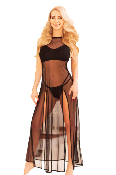 Schwarzes Damen Dessous Nachtkleid mit String aus Netzmaterial brustbereich blickdicht Maxikleid