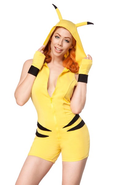 Damen Hasen Outfit Kostüm aus Gelbem Jumpsuit mit Schwanz Kapuze Ohren und Anime Manga