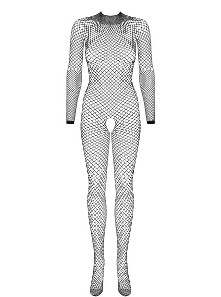 Frauen Grob Netz Dessous Bodystocking Body in Schwarz mit Multistretch und langen Ärmeln transparent