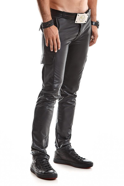 Lange Herren wetlook Hose schwarz matt mit Reißverschluss und Taschen Männer Cargohose Pants