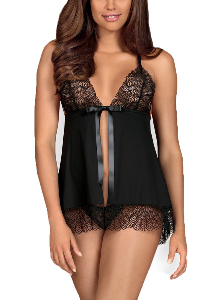 Frauen Dessous Babydoll Minikleid in Schwarz mit String aus Stretch und floraler Spitze transparent