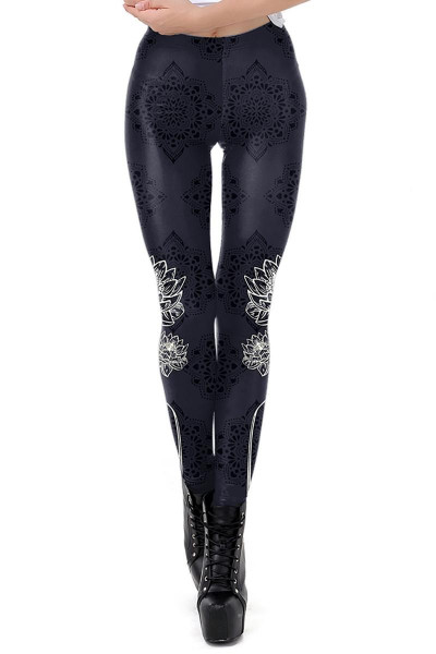 Dunkelblaue Damen Mandala Leggings mit Druck gothic Hose Pants mit Gummibund und Aufdruck