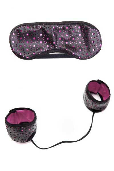 Schwarz pinkes Wetlook Fessel Set mit Maske und Handfesseln aus Kunstleder XXL Plus Size