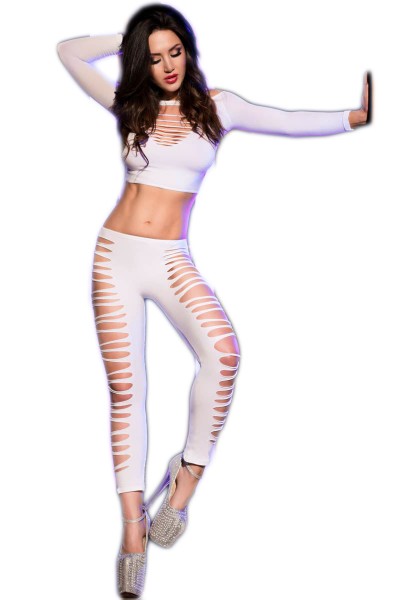 Damen Dessous Set aus elastischem Top und Leggings in weiß geschlitzt leuchtend OneSize S/M