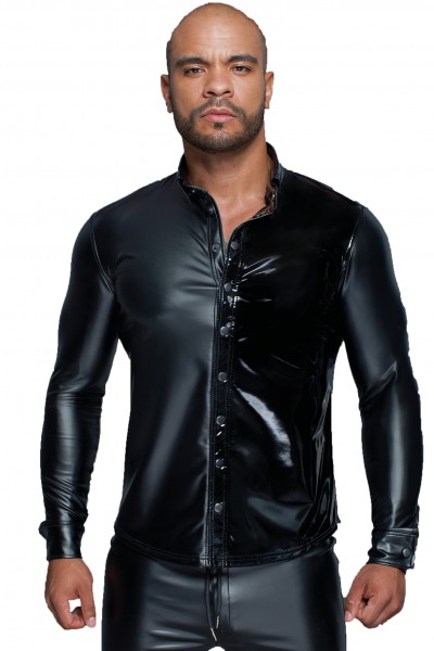 Langärmliges Herren Powerwetlook & PVC Shirt mit Knopfleiste in schwarz Männer Hemd