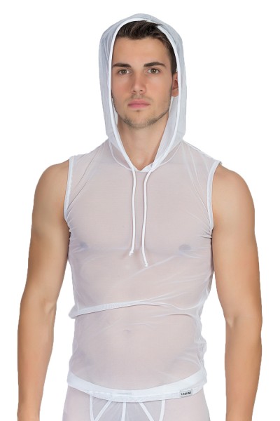 Transparentes Herren Dessous V-Shirt in weiß mit Kapuze aus Tüll ohne Ärmel Muskel-Shirt