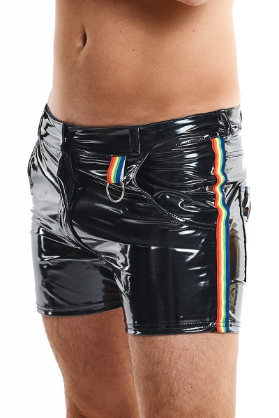 Herren Shorts schwarz mit Regenbogen LGBTQ kurze Hose Männer glänzend mit Taschen, Knopf und Reißver