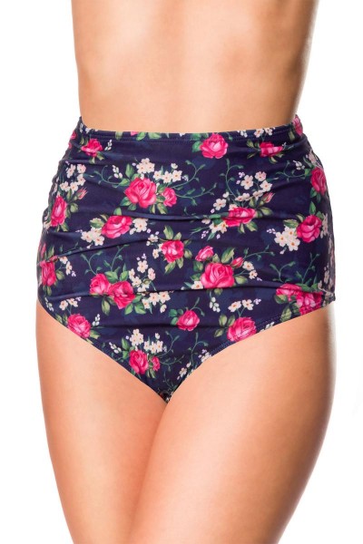 Elastisches Damen Bikiniunterteil Höschen High Waist Beinausschnitt und Blumen Muster blau rosa tief