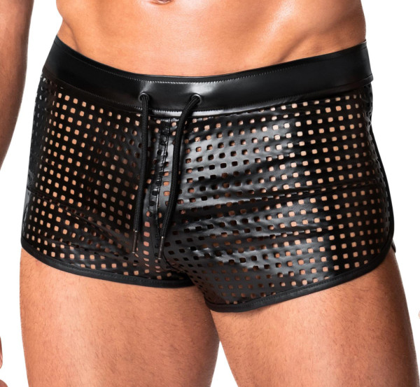 Schwarze Herren wetlook Shorts perforiert glänzend elastischer Bund mit Schnürung Männer Pants