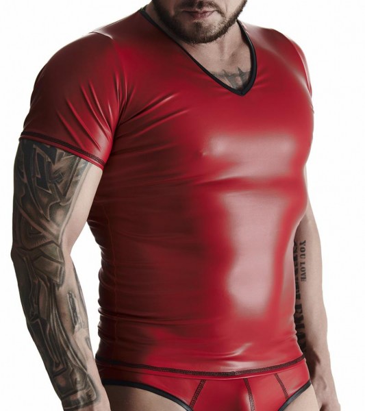 Herren T-Shirt rot schwarz kurzarm aus wetlook Material Hemd dehnbar blickdicht Gogo fetisch Männer