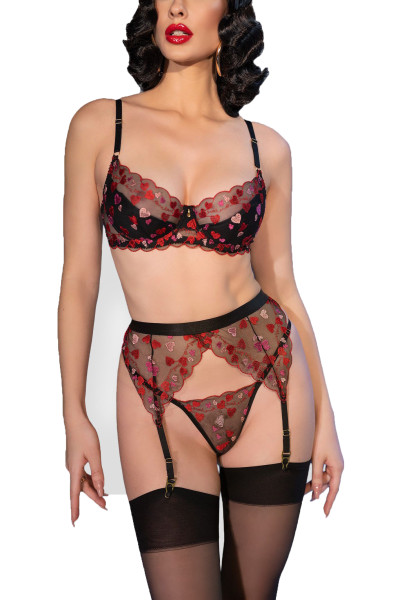 Damen Dessous Netz Set schwarz rot aus BH mit Strapsgürtel, String und Netzstrümpfen Satin Netz und
