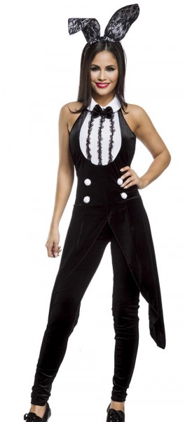 Damen Bunny Outfit Kostüm aus Neckholder Frack mit Puschelschwänzchen Rückenausschnitt Ohren und Fli