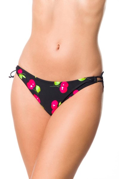 Elastisches Damen Bikiniunterteil Höschen seitlich zum binden Slip Panty und Kirschen Muster schwarz