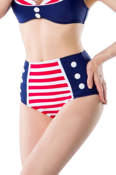 Retro Vintage Damen Bikinihöschen gestreift rot blau weiß mit Knöpfe High-Waist Bademode Marine Look