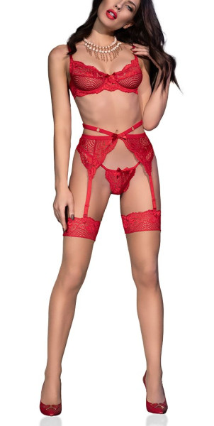 Damen Dessous Straps Set in rot mit BH, Strümpfen, String und Strapsgürtel teiltransparent elastisch