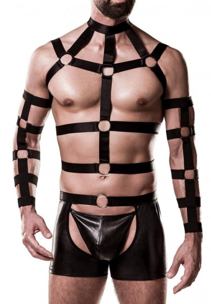 Herren sexy schwarzes Wetlook Harness-Set mit Shorts Bondage Oberteil mit Bänder Ringen Armstulpen S