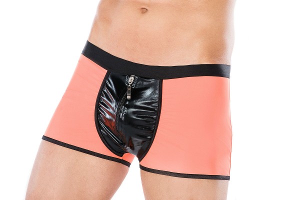 Herren Dessous Boxer-Short schwarz orange aus wetlook Material mit Reißverschluss Männer Shorts Unte
