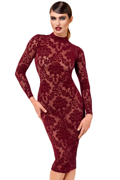 Damen Tüll Kleid rot mit Netz und Ausschnitt transparent offen Rückenausschnitt Midi Kleid lange Är
