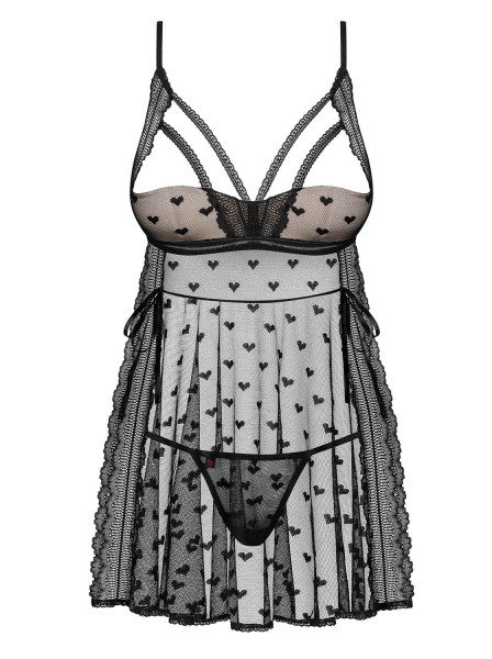 Transparentes Dessous Babydoll in schwarz aus Netz und Spitze inkl String Nachtkleid mit Herz Motive