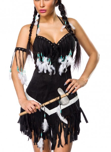 Damen Indianer Kostüm Verkleidung mit Federn und Fransen mit Kleid, Armschmuck, Tomahawk, in Wildled