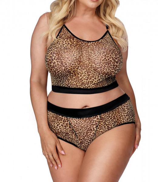 Schwarzes Plus Size Damen Dessous Set Slip und Top mit leoparden Muster aus Netzmaterial transparent