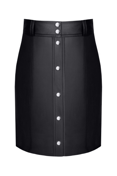 Schwarzer Damen Rock aus wetlook Material im Military-Stil elastisch blickdicht Minirock knielang
